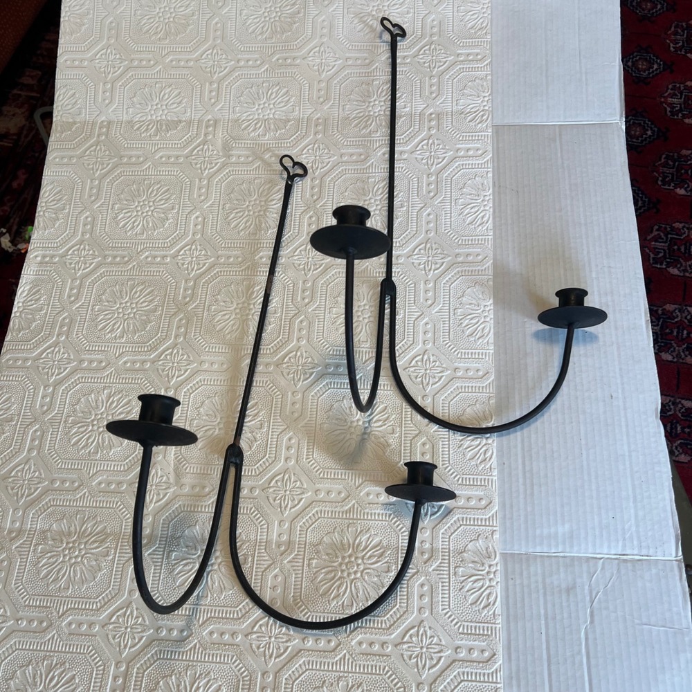 Vintage Wrought Iron Wall Sconce Set 2 Heart Top Black Taper Candle Holders 20in